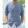 image:imageAlimens amp Gentle Mens Cotton Linen Shirts Long Sleeve Button Down Shirt Band Collar Beach ShirtsBlue Heaven