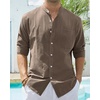 image:imageAlimens amp Gentle Mens Cotton Linen Shirts Long Sleeve Button Down Shirt Band Collar Beach ShirtsKhaki
