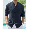 image:imageAlimens amp Gentle Mens Cotton Linen Shirts Long Sleeve Button Down Shirt Band Collar Beach ShirtsNavy Blue