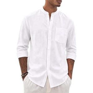 image:imageAlimens amp Gentle Mens Cotton Linen Shirts Long Sleeve Button Down Shirt Band Collar Beach ShirtsAll White