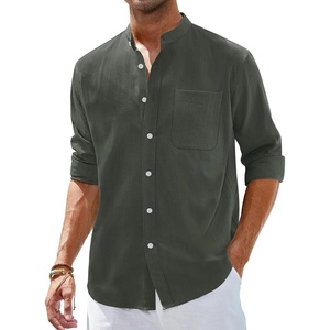 image:imageAlimens amp Gentle Mens Cotton Linen Shirts Long Sleeve Button Down Shirt Band Collar Beach ShirtsArmy Green