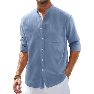 image:imageAlimens amp Gentle Mens Cotton Linen Shirts Long Sleeve Button Down Shirt Band Collar Beach ShirtsBlue Heaven