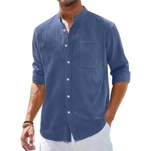 image:imageAlimens amp Gentle Mens Cotton Linen Shirts Long Sleeve Button Down Shirt Band Collar Beach ShirtsBlue Wing Teal