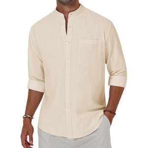 image:imageAlimens amp Gentle Mens Cotton Linen Shirts Long Sleeve Button Down Shirt Band Collar Beach ShirtsCloud Cream