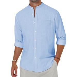 image:imageAlimens amp Gentle Mens Cotton Linen Shirts Long Sleeve Button Down Shirt Band Collar Beach ShirtsCool Blue