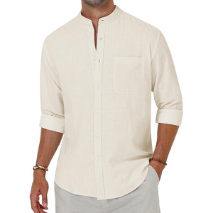 image:imageAlimens amp Gentle Mens Cotton Linen Shirts Long Sleeve Button Down Shirt Band Collar Beach ShirtsCreamy White