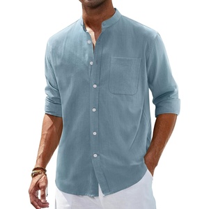 image:imageAlimens amp Gentle Mens Cotton Linen Shirts Long Sleeve Button Down Shirt Band Collar Beach ShirtsGray Mist