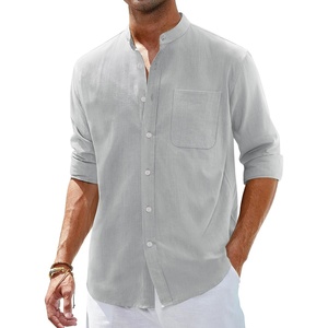 image:imageAlimens amp Gentle Mens Cotton Linen Shirts Long Sleeve Button Down Shirt Band Collar Beach ShirtsGrey