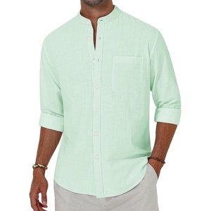 image:imageAlimens amp Gentle Mens Cotton Linen Shirts Long Sleeve Button Down Shirt Band Collar Beach ShirtsMint
