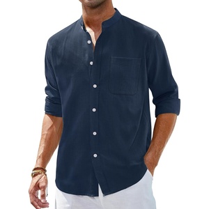 image:imageAlimens amp Gentle Mens Cotton Linen Shirts Long Sleeve Button Down Shirt Band Collar Beach ShirtsNavy Blue