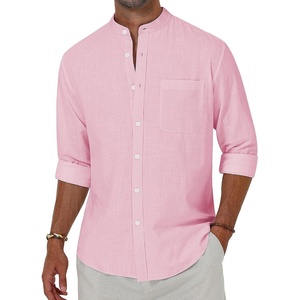 image:imageAlimens amp Gentle Mens Cotton Linen Shirts Long Sleeve Button Down Shirt Band Collar Beach ShirtsPink