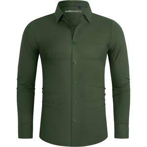 image:imageAlimens amp Gentle Stretch Mens Dress Shirts Slim Fit Long Sleeve Casual Skinny Muscle Fit Wrinkle Free Button Down ShirtOlive