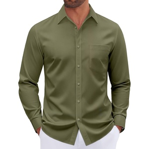 image:imageMens Dress Shirt Long Sleeve Wrinkle Free Stretch Button Down Shirt  Business Casual Solid Top with Pocket Breathable AntiShrink Regular Fit AllSeason Wear Wedding Work Daily Date VacationOlive Green