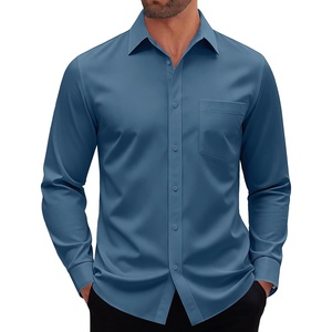 image:imageMens Dress Shirt Long Sleeve Wrinkle Free Stretch Button Down Shirt  Business Casual Solid Top with Pocket Breathable AntiShrink Regular Fit AllSeason Wear Wedding Work Daily Date VacationDenim Blue