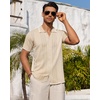 image:imageMens Knit Shirt Short Sleeve Button Down Shirt Textured Casual Summer Tops  Knit Hollow Stretch Fabric To Easy Care  Beach Vacation Summer Daily Lightweight Breathable Spread Collar Regular FitBeige