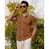 image:imageMens Knit Shirt Short Sleeve Button Down Shirt Textured Casual Summer Tops  Knit Hollow Stretch Fabric To Easy Care  Beach Vacation Summer Daily Lightweight Breathable Spread Collar Regular FitBrown