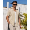 image:imageMens Knit Shirt Short Sleeve Button Down Shirt Textured Casual Summer Tops  Knit Hollow Stretch Fabric To Easy Care  Beach Vacation Summer Daily Lightweight Breathable Spread Collar Regular FitBeige