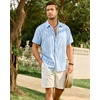 image:imageMens Linen Shirt Striped Short Sleeve Button Down Summer Beach Shirt  Linen Texture Wrinkle Free Breathable Lightweight Shrink Resistant Striped Vintage Summer Travel Wedding Party BusinessLight Blue