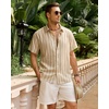 image:imageMens Linen Shirt Striped Short Sleeve Button Down Summer Beach Shirt  Linen Texture Wrinkle Free Breathable Lightweight Shrink Resistant Striped Vintage Summer Travel Wedding Party BusinessTan