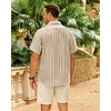 image:imageMens Linen Shirt Striped Short Sleeve Button Down Summer Beach Shirt  Linen Texture Wrinkle Free Breathable Lightweight Shrink Resistant Striped Vintage Summer Travel Wedding Party BusinessTan
