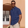 image:imageMens Linen Textured Shirt Cotton Short Sleeve Summer Button Down Shirts  100 Cotton Linenlook Texture Casual Wear Breathable Feel Lightweight Untucked Regular Fit Beach Vacation ResortNavy Blue