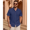 image:imageMens Linen Textured Shirt Cotton Short Sleeve Summer Button Down Shirts  100 Cotton Linenlook Texture Casual Wear Breathable Feel Lightweight Untucked Regular Fit Beach Vacation ResortNavy Blue