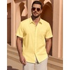 image:imageMens Linen Textured Shirt Cotton Short Sleeve Summer Button Down Shirts  100 Cotton Linenlook Texture Casual Wear Breathable Feel Lightweight Untucked Regular Fit Beach Vacation ResortLight Yellow