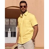 image:imageMens Linen Textured Shirt Cotton Short Sleeve Summer Button Down Shirts  100 Cotton Linenlook Texture Casual Wear Breathable Feel Lightweight Untucked Regular Fit Beach Vacation ResortLight Yellow