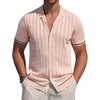 image:imageAlimens amp Gentle Mens Short Sleeve Button Down Shirts Knit Casual Shirts for Men Vintage Cuban Shirt Striped KnittedBeige