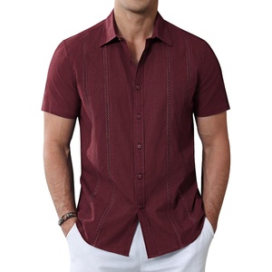 image:imageAlimens amp Gentle Mens Cuban Guayabera Shirts Cotton Linen Short Sleeve Button Down Shirts Casual Summer Beach Camp ShirtBurgundy