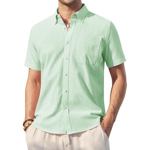 image:imageAlimens amp Gentle Mens Linen Shirt Short Sleeve Casual Cotton Button Down Shirts Collared Summer ShirtsLight Green
