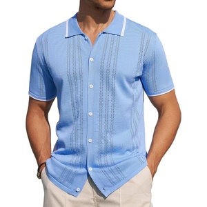 image:imageAlimens amp Gentle Mens Shirts Casual Button Down Shirts Beach Vintage Knit Short Sleeve Polo Shirt for Men14light Blue