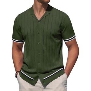 image:imageAlimens amp Gentle Mens Short Sleeve Button Down Shirts Knit Casual Shirts for Men Vintage Cuban Shirt Striped KnittedArmy Green