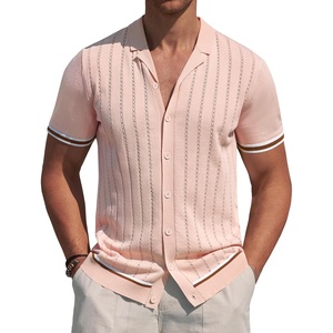 image:imageAlimens amp Gentle Mens Short Sleeve Button Down Shirts Knit Casual Shirts for Men Vintage Cuban Shirt Striped KnittedBeige