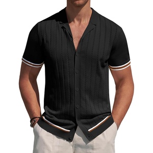 image:imageAlimens amp Gentle Mens Short Sleeve Button Down Shirts Knit Casual Shirts for Men Vintage Cuban Shirt Striped KnittedBlack