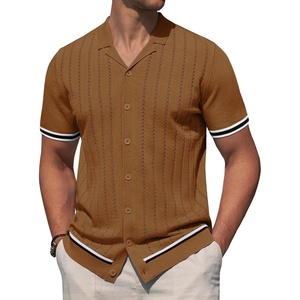 image:imageAlimens amp Gentle Mens Short Sleeve Button Down Shirts Knit Casual Shirts for Men Vintage Cuban Shirt Striped KnittedBrown