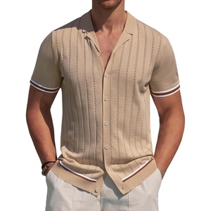 image:imageAlimens amp Gentle Mens Short Sleeve Button Down Shirts Knit Casual Shirts for Men Vintage Cuban Shirt Striped KnittedDark Beige