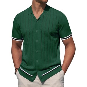 image:imageAlimens amp Gentle Mens Short Sleeve Button Down Shirts Knit Casual Shirts for Men Vintage Cuban Shirt Striped KnittedDark Green
