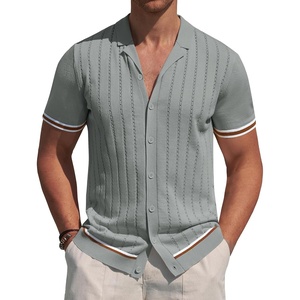 image:imageAlimens amp Gentle Mens Short Sleeve Button Down Shirts Knit Casual Shirts for Men Vintage Cuban Shirt Striped KnittedGrey