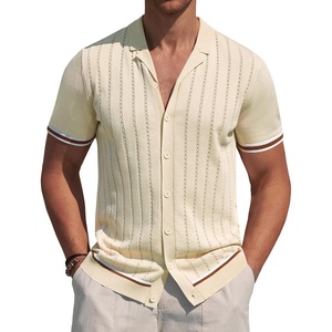 image:imageAlimens amp Gentle Mens Short Sleeve Button Down Shirts Knit Casual Shirts for Men Vintage Cuban Shirt Striped KnittedKhaki