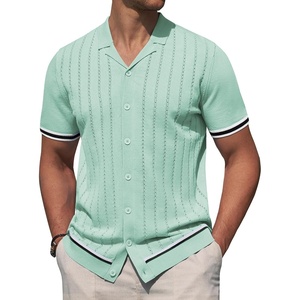 image:imageAlimens amp Gentle Mens Short Sleeve Button Down Shirts Knit Casual Shirts for Men Vintage Cuban Shirt Striped KnittedLight Green