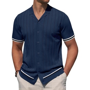 image:imageAlimens amp Gentle Mens Short Sleeve Button Down Shirts Knit Casual Shirts for Men Vintage Cuban Shirt Striped KnittedNavy Blue