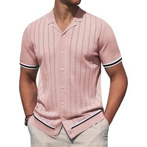 image:imageAlimens amp Gentle Mens Short Sleeve Button Down Shirts Knit Casual Shirts for Men Vintage Cuban Shirt Striped KnittedPink
