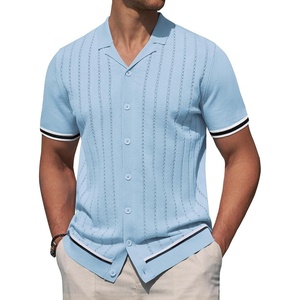 image:imageAlimens amp Gentle Mens Short Sleeve Button Down Shirts Knit Casual Shirts for Men Vintage Cuban Shirt Striped KnittedSky Blue