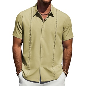 image:imageMens Cuban Guayabera Short Sleeve Button Down Shirt Casual Beach Summer  Lightweight Breathable Collared Untucked Daily Wear Cruise Dinner Resort Walk Vacation Party Wedding SolidYellow Green
