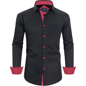image:imageMens Dress Shirt Long Sleeve Wrinkle Free Button Down Shirt Business Casual  No Iron Contrast Color Collar Cuffs Formal Casual Versatile Graduation Office Party Regular Fit Breathable No FadingFlex Black Red