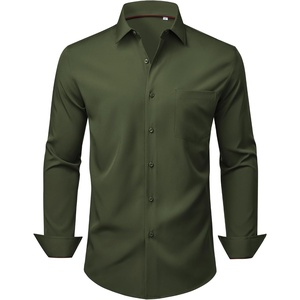 image:imageMens Dress Shirts Stretch Long Sleeve Wrinkle Free Work Button Down Shirt  Business Formal Office Wedding Stretch Cotton Solid Fabric To Easy Care  Breathable Comfortable Spread Collar Regular FitArmy Green
