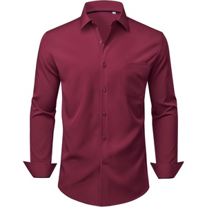 image:imageMens Dress Shirts Stretch Long Sleeve Wrinkle Free Work Button Down Shirt  Business Formal Office Wedding Stretch Cotton Solid Fabric To Easy Care  Breathable Comfortable Spread Collar Regular FitBurgundy