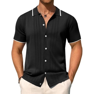 image:imageMens Knit Shirt Short Sleeve Button Down Shirt Textured Casual Summer Tops  Knit Hollow Stretch Fabric To Easy Care  Beach Vacation Summer Daily Lightweight Breathable Spread Collar Regular FitBlack