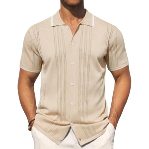 image:imageMens Knit Shirt Short Sleeve Button Down Shirt Textured Casual Summer Tops  Knit Hollow Stretch Fabric To Easy Care  Beach Vacation Summer Daily Lightweight Breathable Spread Collar Regular FitBeige